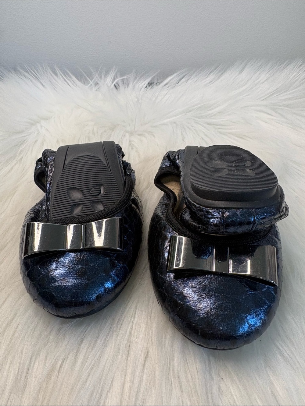 (101)Navy Metallic Bow Ballet Flats